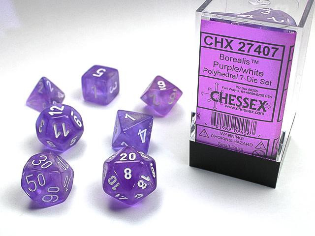Borealis Purple w/white Signature Polyhedral 7-Die Sets