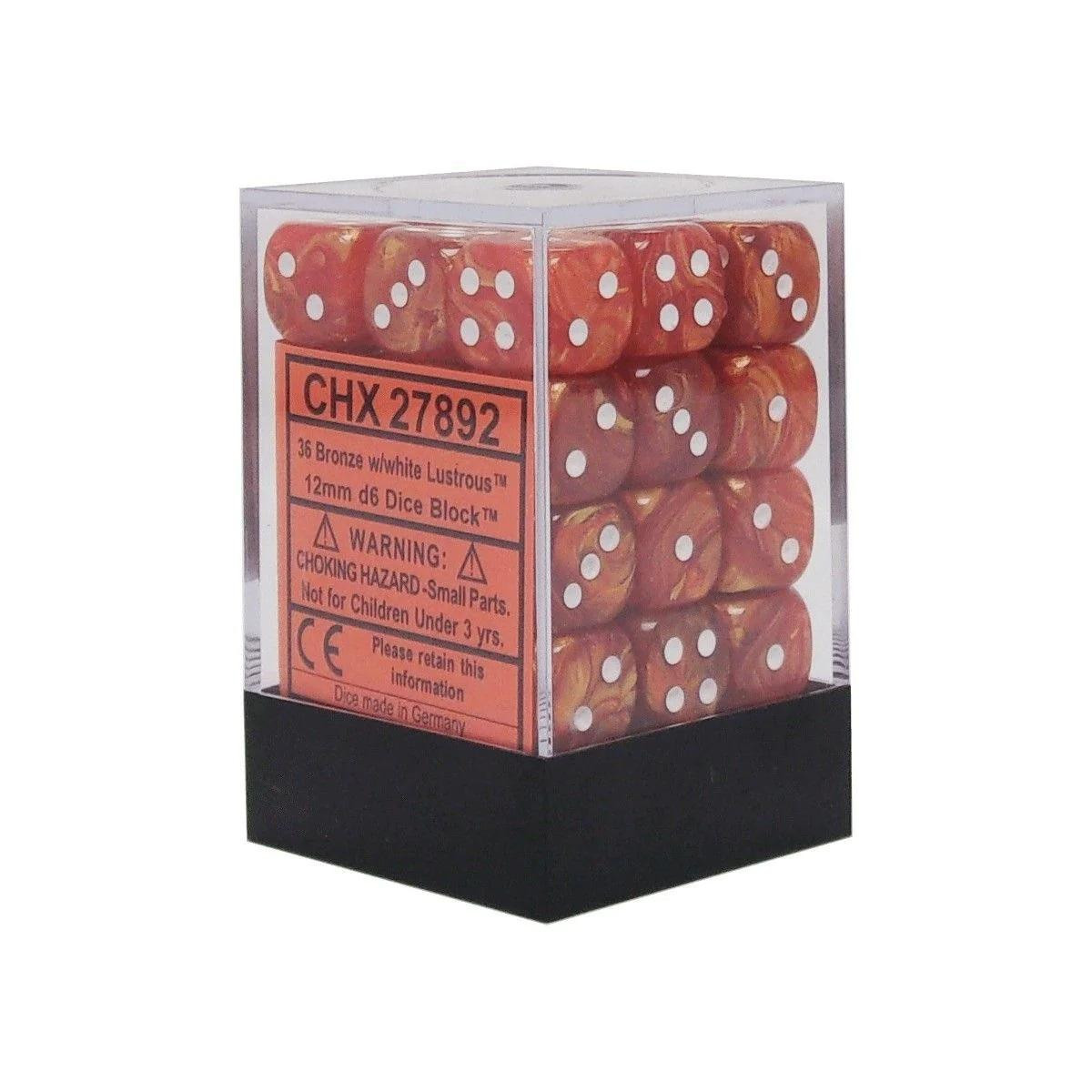 Lustrous 12mm D6 Dice Block (36) Bronze/White