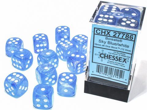 Borealis 16mm d6 Sky Blue/white Luminary Dice Block (12 dice)