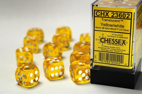 12 Yellow with white Translucent 16mm D6 Dice