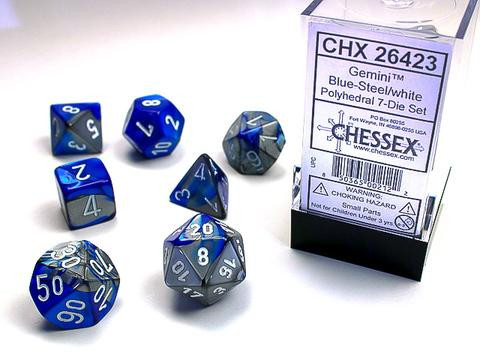 Blue-Steel w/white Gemini Polyhedral 7-Die Sets