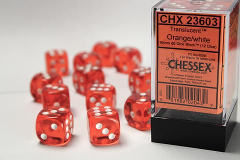 12 Orange with white Translucent 16mm D6 Dice