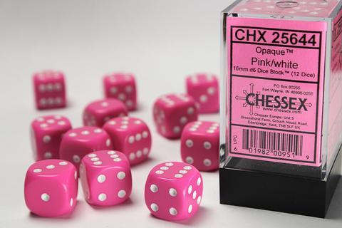 Opaque 16mm d6 Pink/white Dice Block (12 dice)