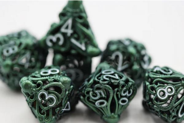 Mind Eater Glow Green Hollow Metal RPG Dice Set (7)