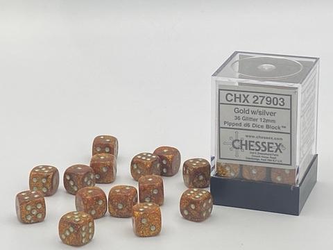 Glitter 12mm d6 Gold/silver Dice Block (36 dice)