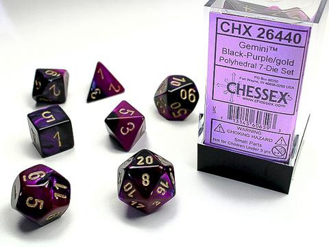 Black-Purple w/gold Gemini Polyhedral 7-Die Sets