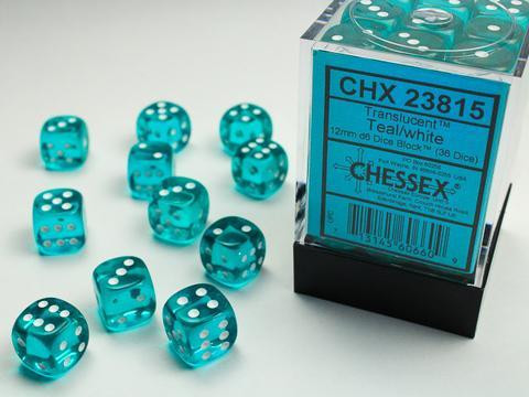 36 Teal with white Translucent 12mm D6 Dice