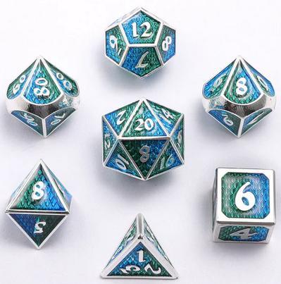 Mini Behemoth Metal RPG Dice Set-Silver w/Blue&Green