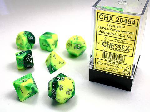 Green-Yellow w/silver Gemini Polyhedral 7-Die Sets