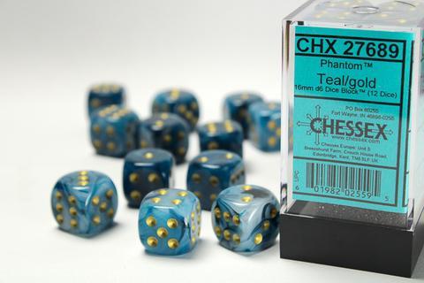 Phantom 16mm d6 Teal/gold Dice Block (12 dice)