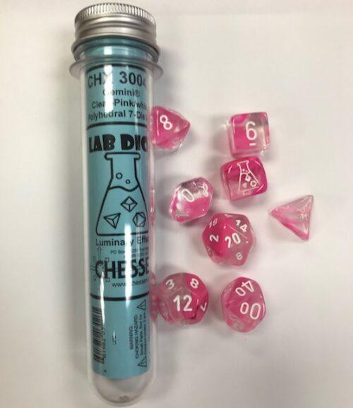 Gemini Polyhedral Clear-Pink/white Luminary 7-Die Sets