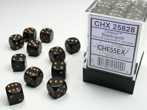 Opaque 12mm d6 Black/gold Dice Block (36 dice)