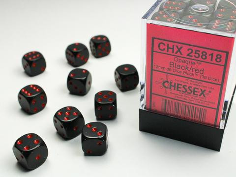 Opaque 12mm d6 Black/red Dice Block (36 dice)