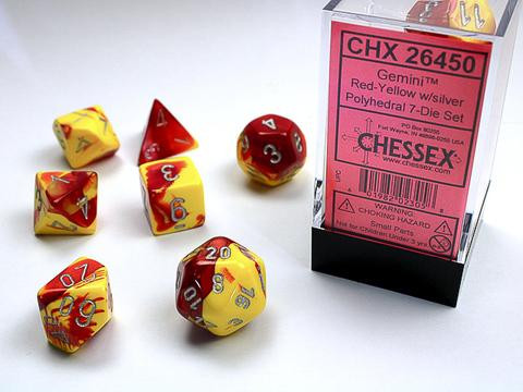 Red-Yellow w/silver Gemini Polyhedral 7-Die Sets