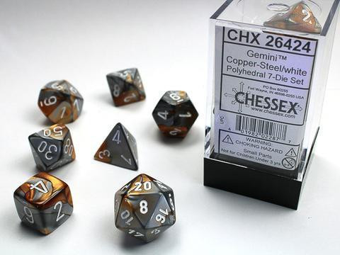 Copper-Steel w/white Gemini Polyhedral 7-Die Sets