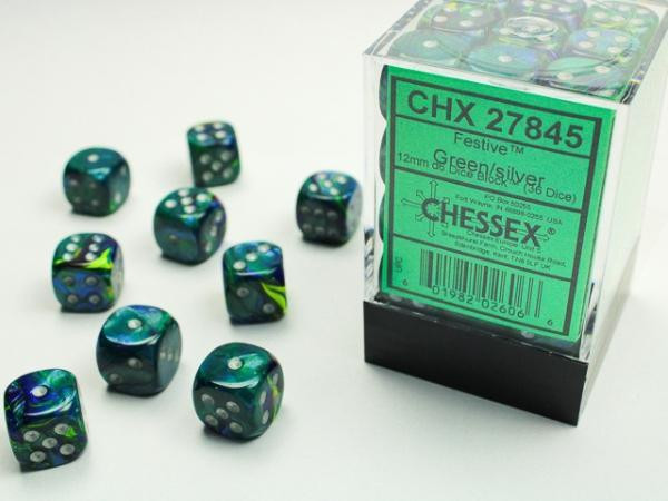 Festive? Green w/silver Signature? 12mm d6 with pips Dice Blocks? (36 Dice)